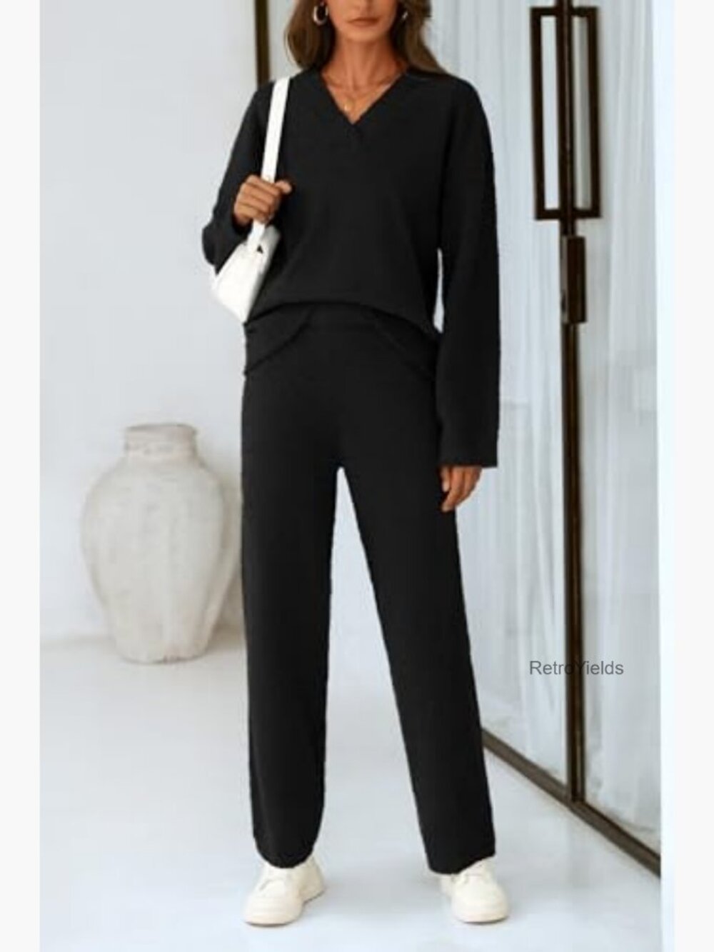Two Piece Relaxed Knit Lounge Set Wide Leg Sweatpants Pullover V Neck - Picture 4 of 7
